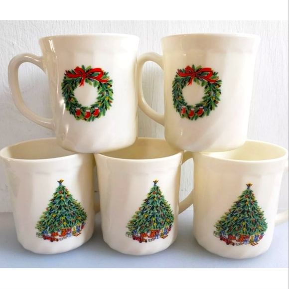 France Christmas Mugs Noel Wreath Tree 2 Sided Decor Vintage Salem Porcelle Set5 - Picture 1 of 6